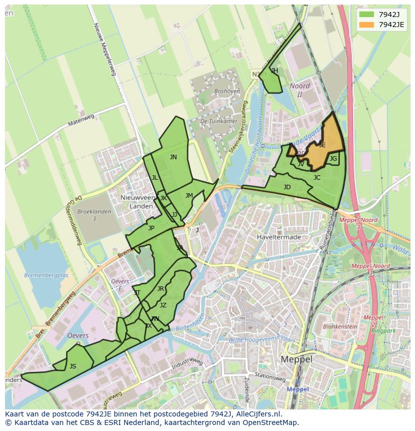 Afbeelding van het postcodegebied 7942 JE op de kaart.