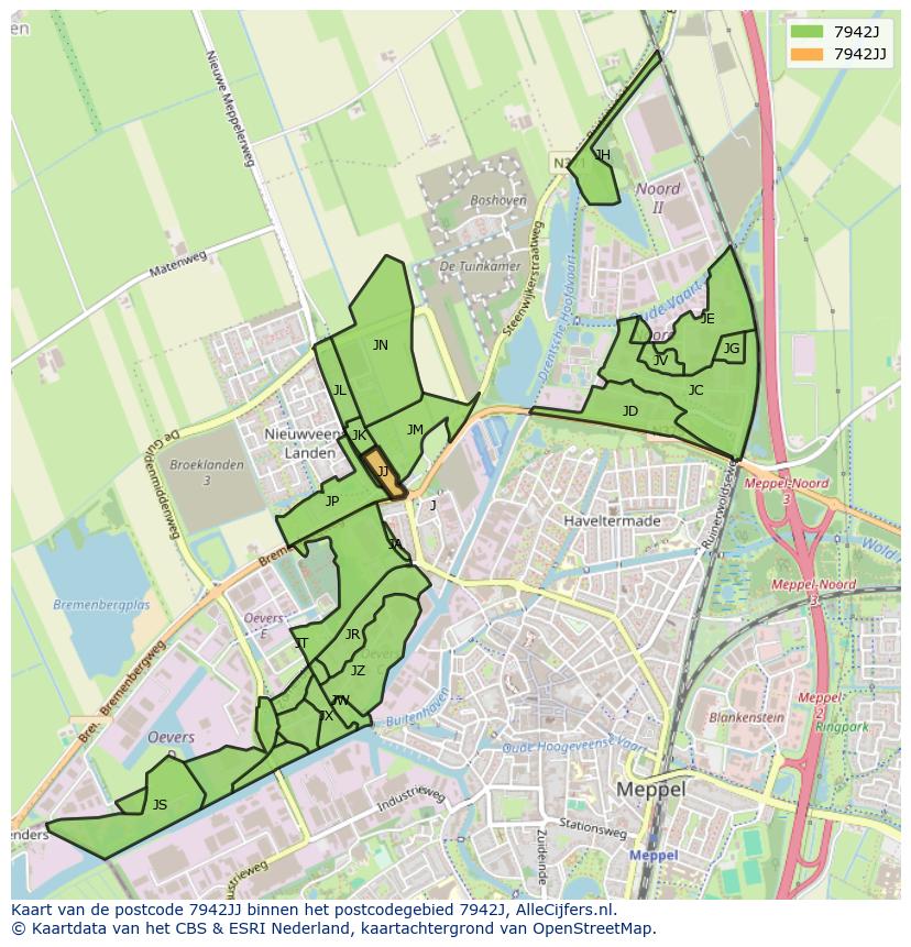Afbeelding van het postcodegebied 7942 JJ op de kaart.