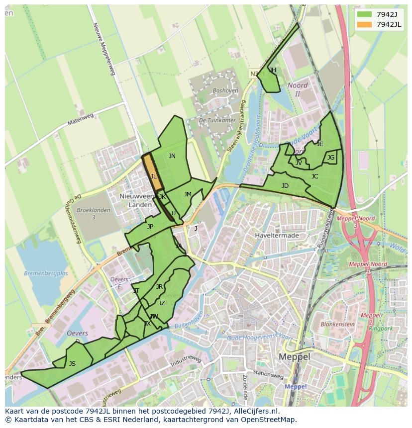 Afbeelding van het postcodegebied 7942 JL op de kaart.
