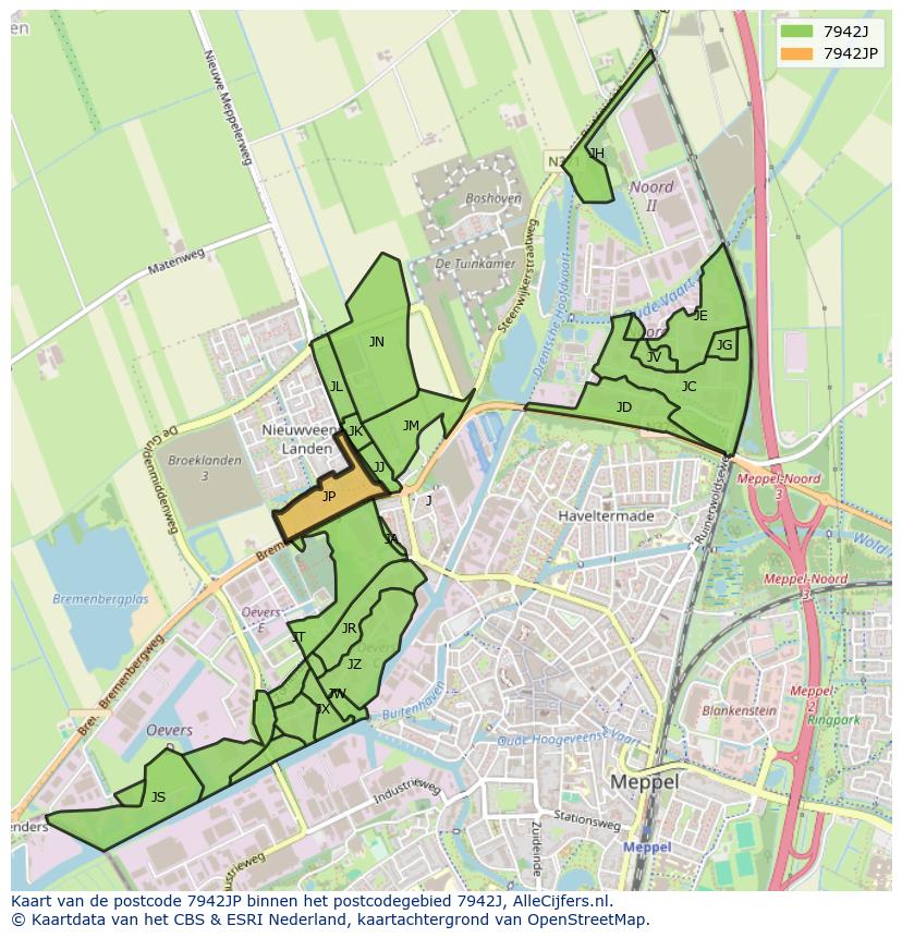 Afbeelding van het postcodegebied 7942 JP op de kaart.