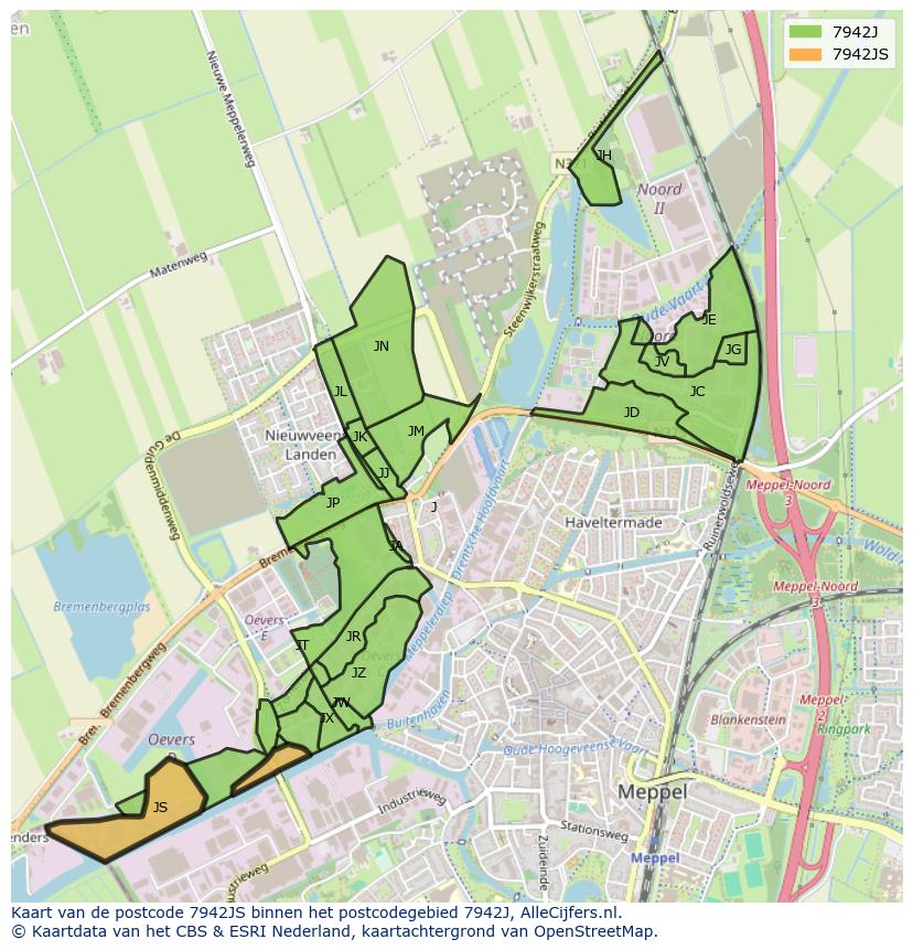 Afbeelding van het postcodegebied 7942 JS op de kaart.