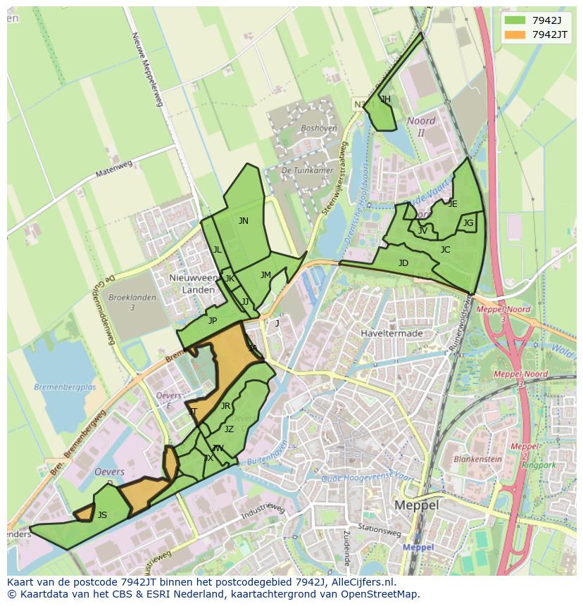 Afbeelding van het postcodegebied 7942 JT op de kaart.