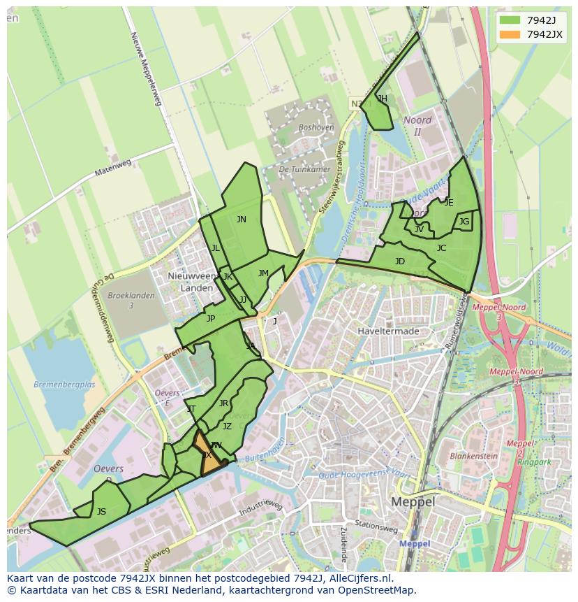 Afbeelding van het postcodegebied 7942 JX op de kaart.