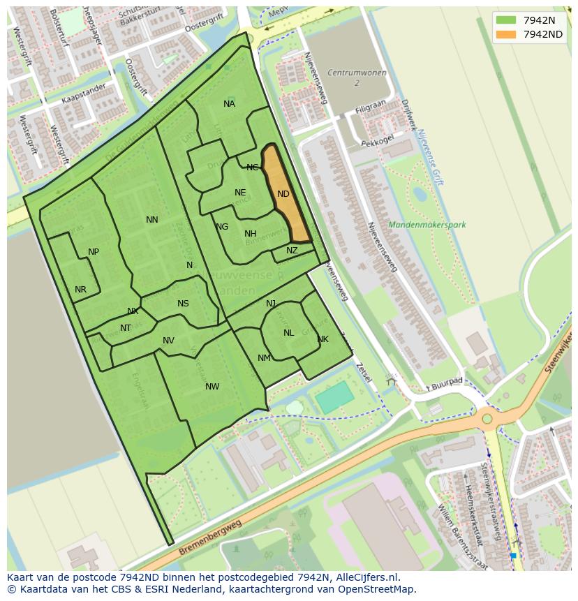 Afbeelding van het postcodegebied 7942 ND op de kaart.