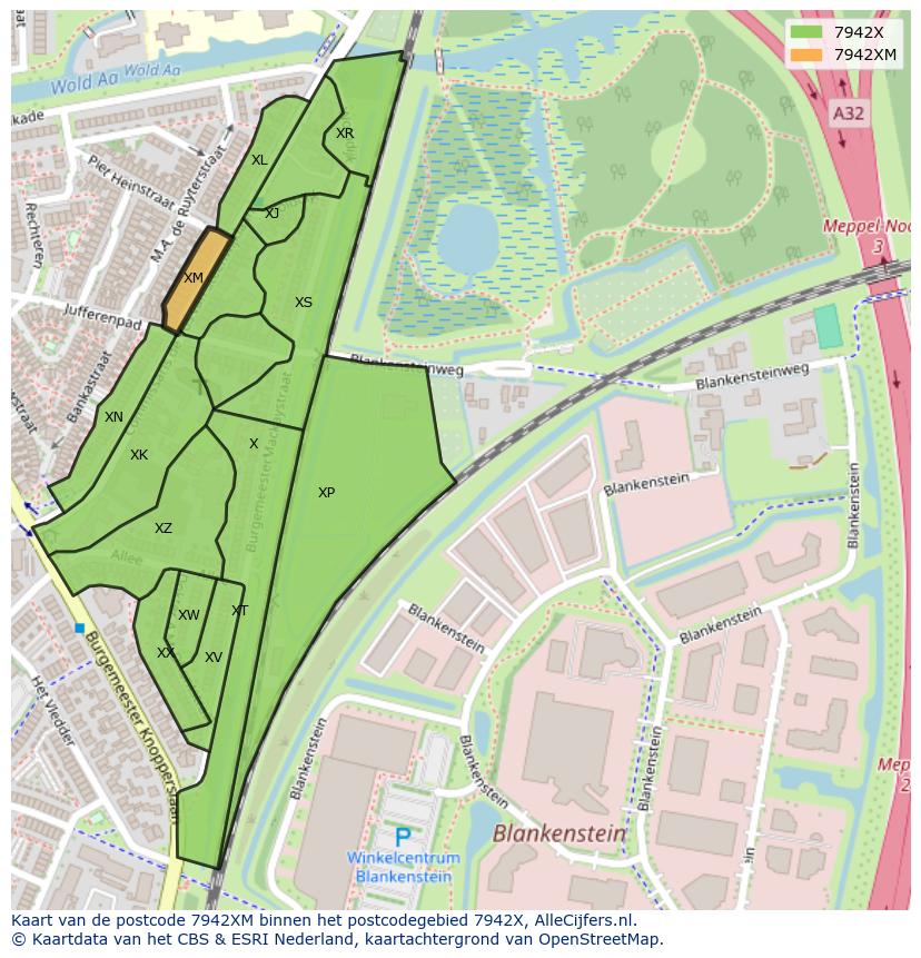 Afbeelding van het postcodegebied 7942 XM op de kaart.