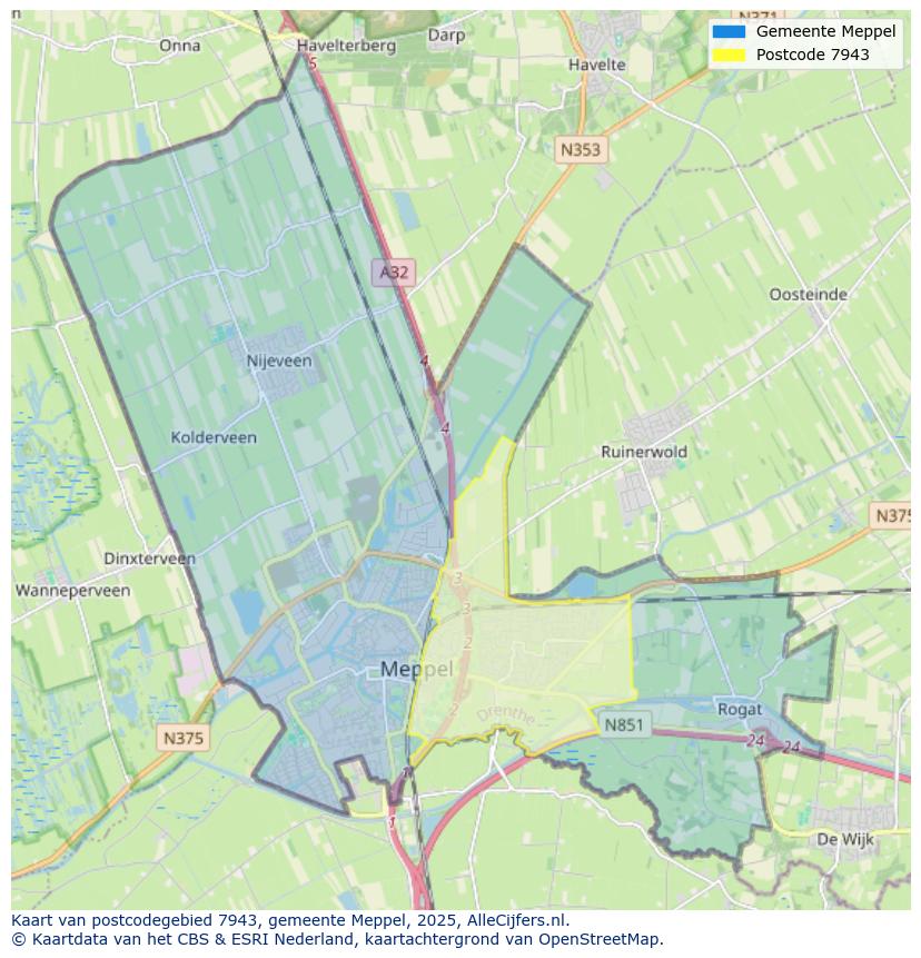 Afbeelding van het postcodegebied 7943 op de kaart.