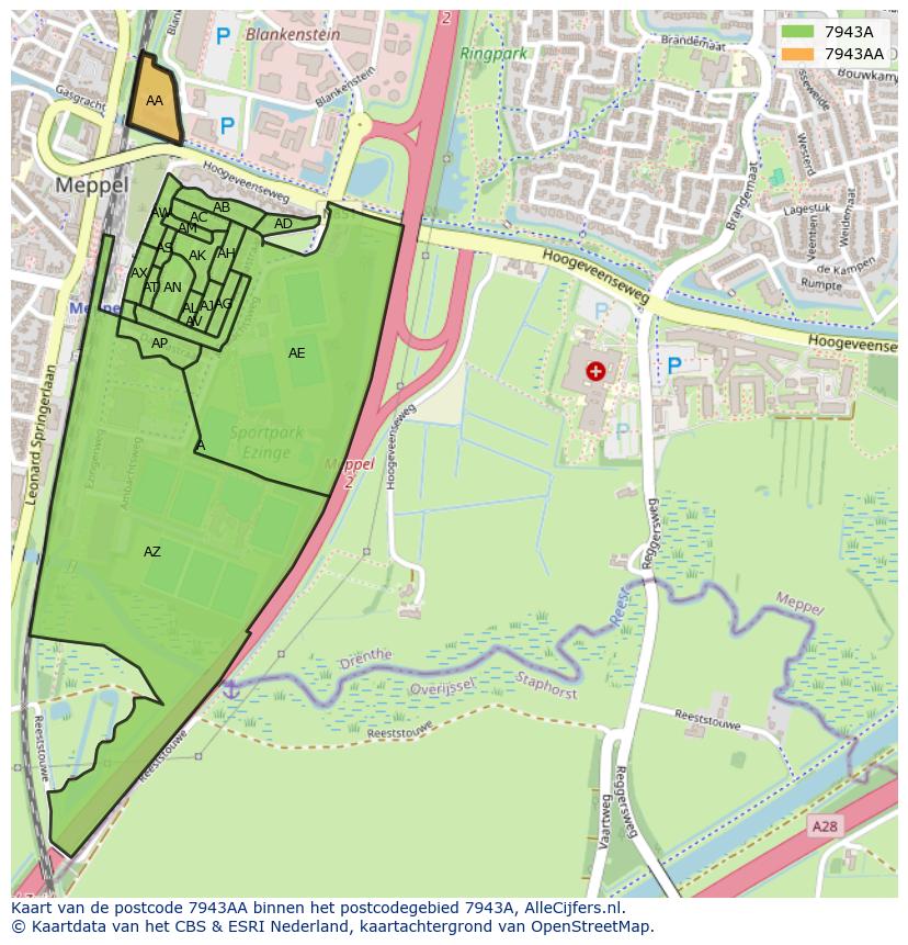 Afbeelding van het postcodegebied 7943 AA op de kaart.