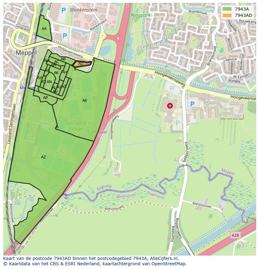Afbeelding van het postcodegebied 7943 AD op de kaart.