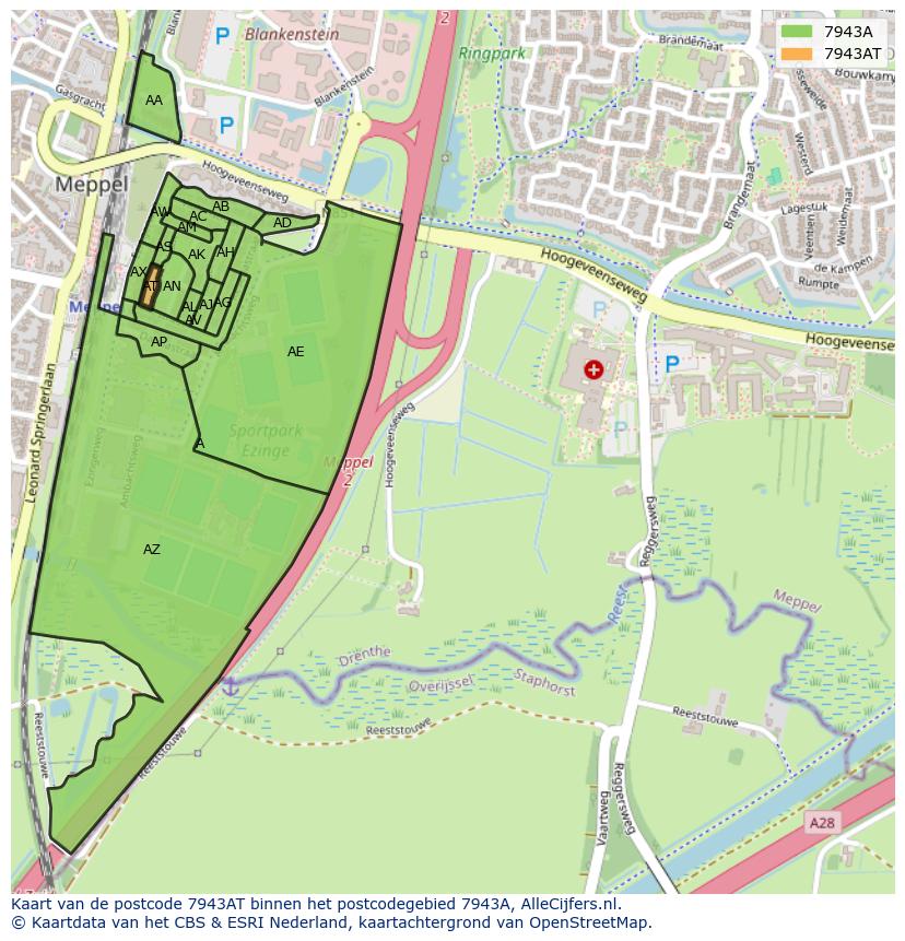 Afbeelding van het postcodegebied 7943 AT op de kaart.