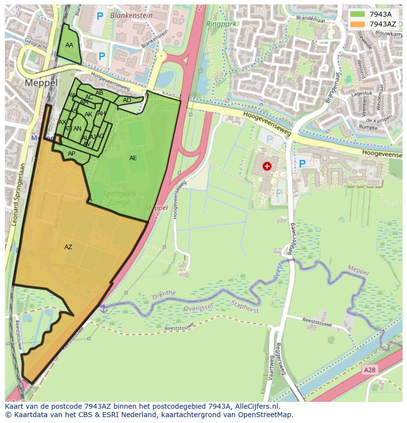 Afbeelding van het postcodegebied 7943 AZ op de kaart.