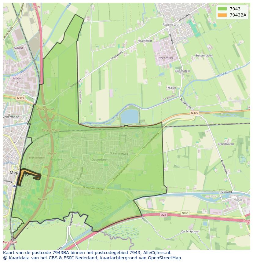 Afbeelding van het postcodegebied 7943 BA op de kaart.