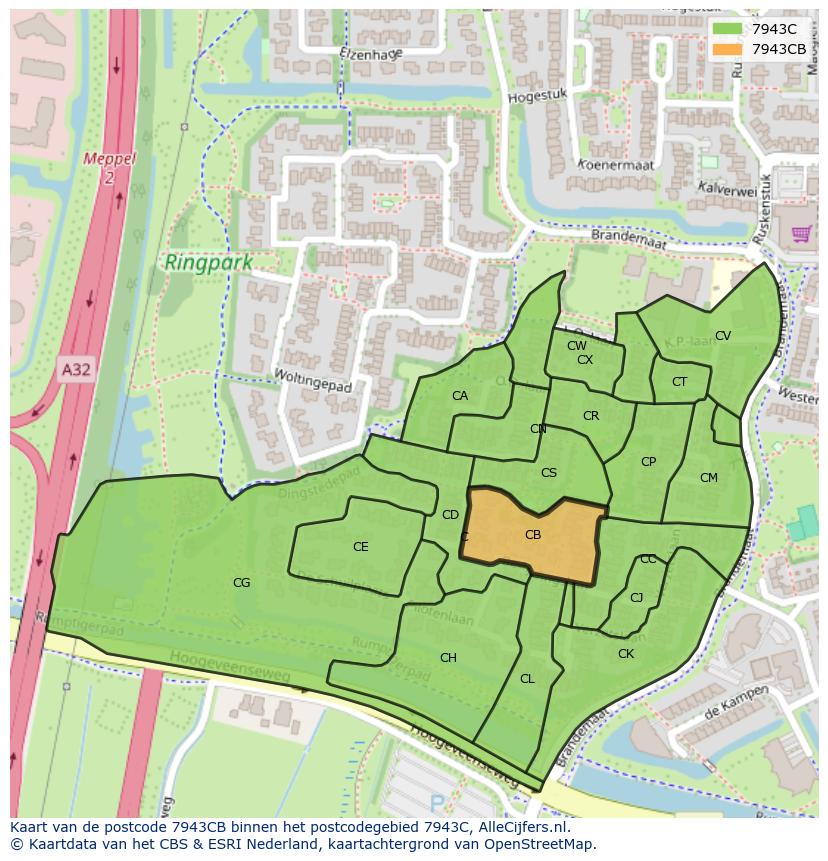 Afbeelding van het postcodegebied 7943 CB op de kaart.