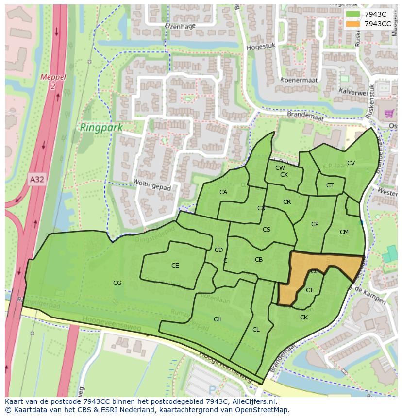 Afbeelding van het postcodegebied 7943 CC op de kaart.
