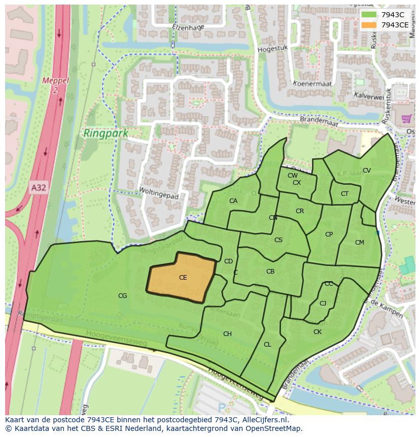 Afbeelding van het postcodegebied 7943 CE op de kaart.