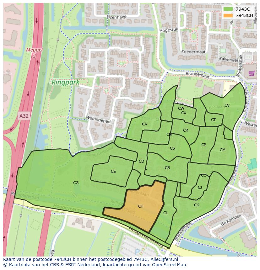 Afbeelding van het postcodegebied 7943 CH op de kaart.