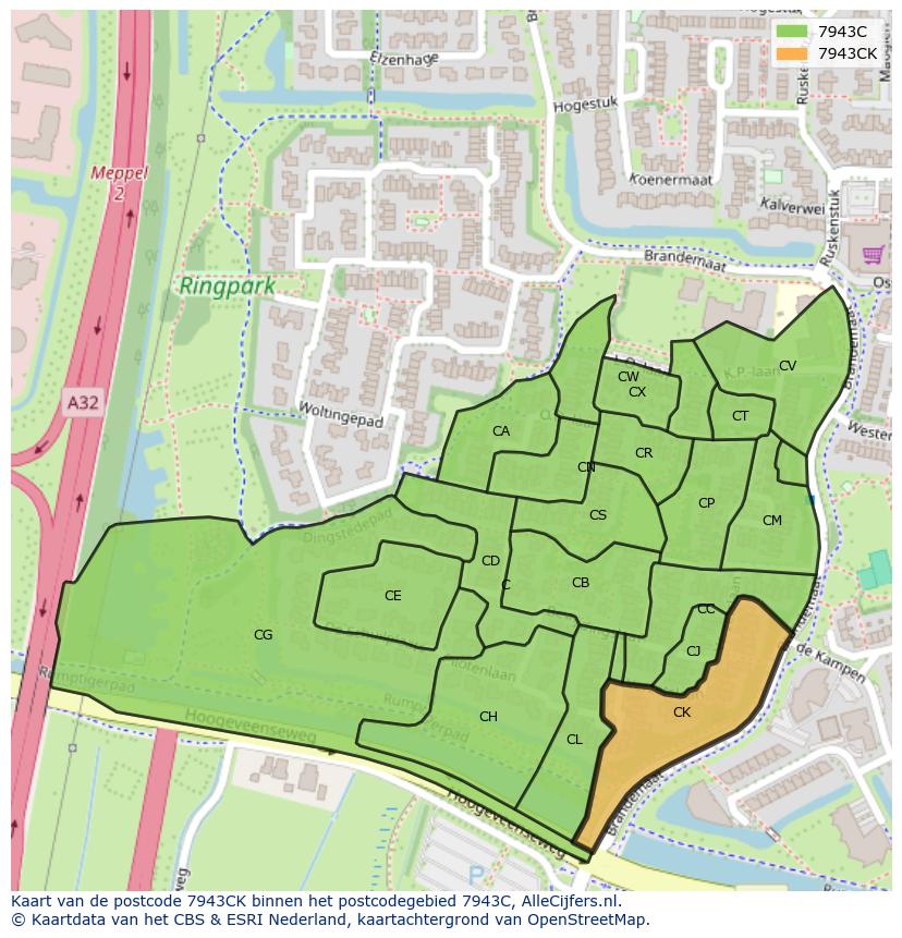 Afbeelding van het postcodegebied 7943 CK op de kaart.
