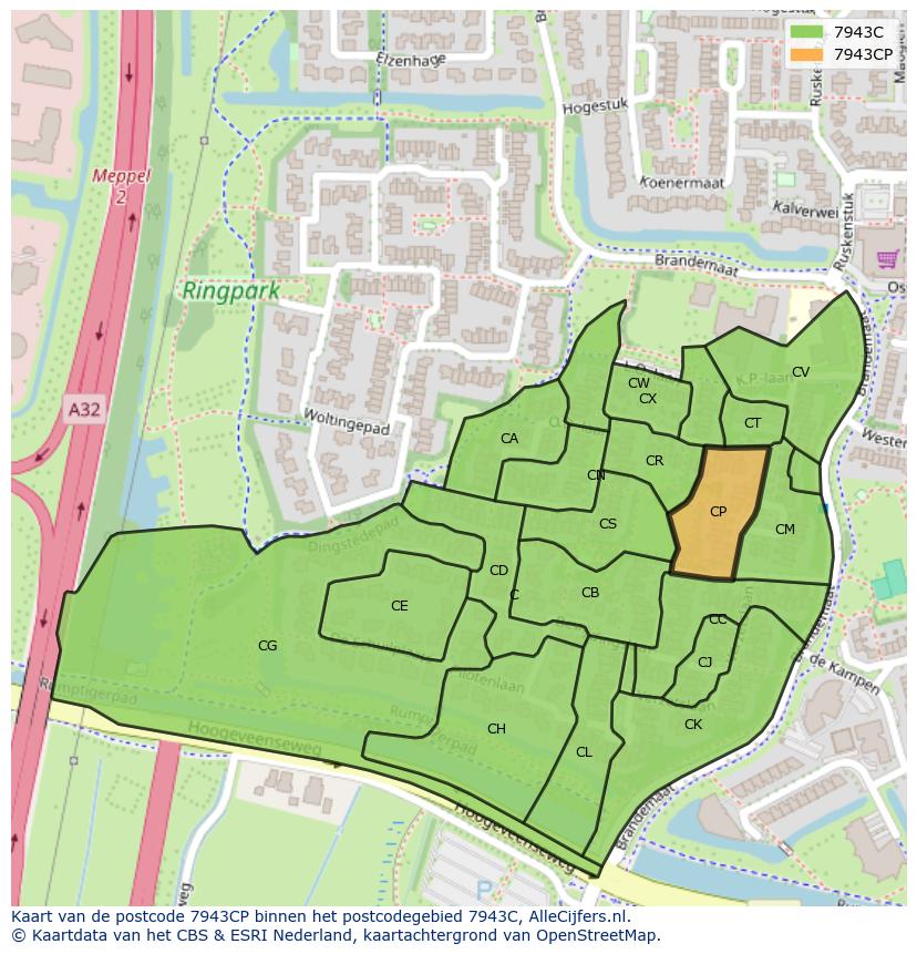 Afbeelding van het postcodegebied 7943 CP op de kaart.