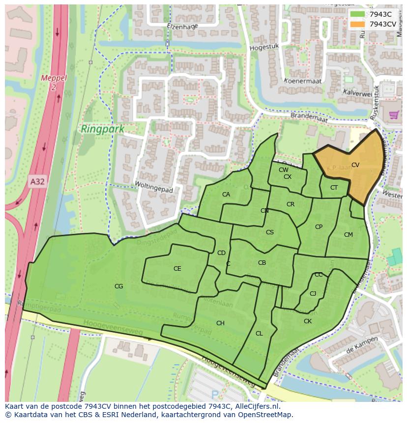 Afbeelding van het postcodegebied 7943 CV op de kaart.