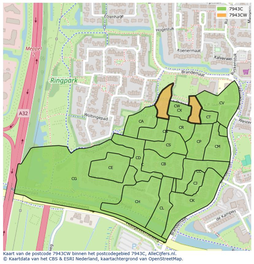 Afbeelding van het postcodegebied 7943 CW op de kaart.