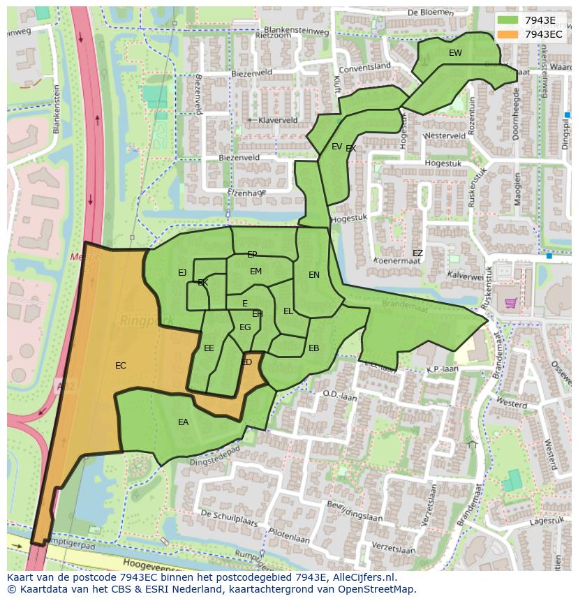 Afbeelding van het postcodegebied 7943 EC op de kaart.