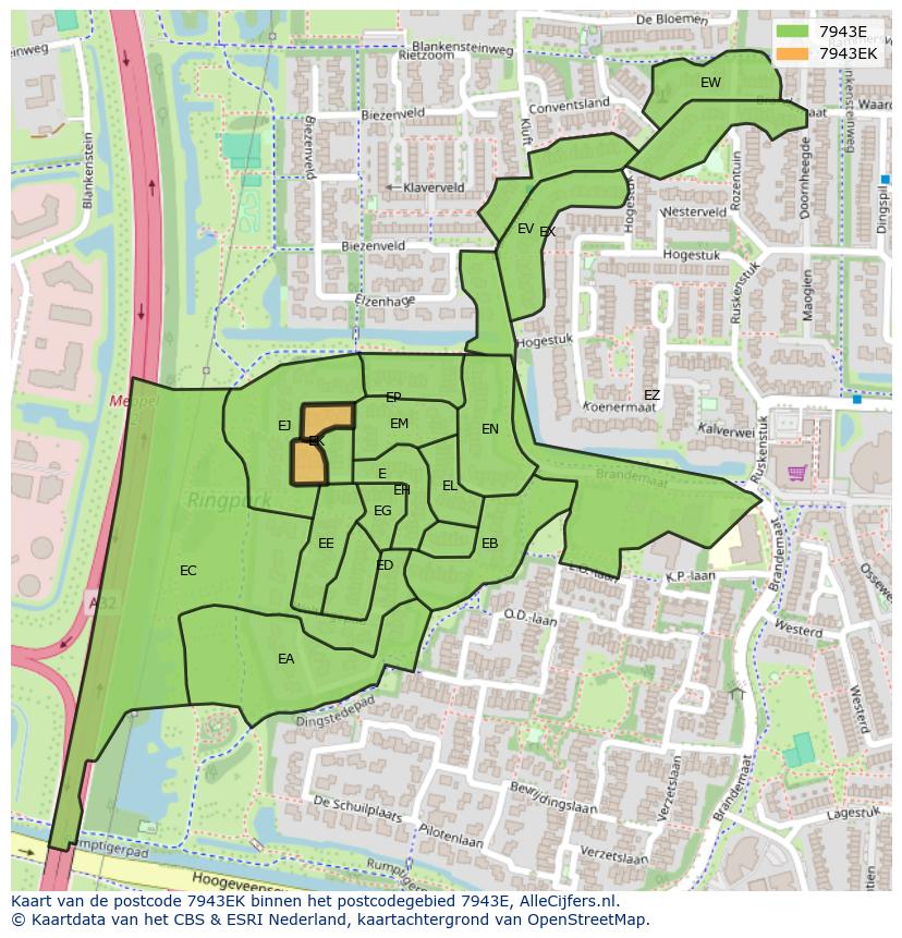 Afbeelding van het postcodegebied 7943 EK op de kaart.