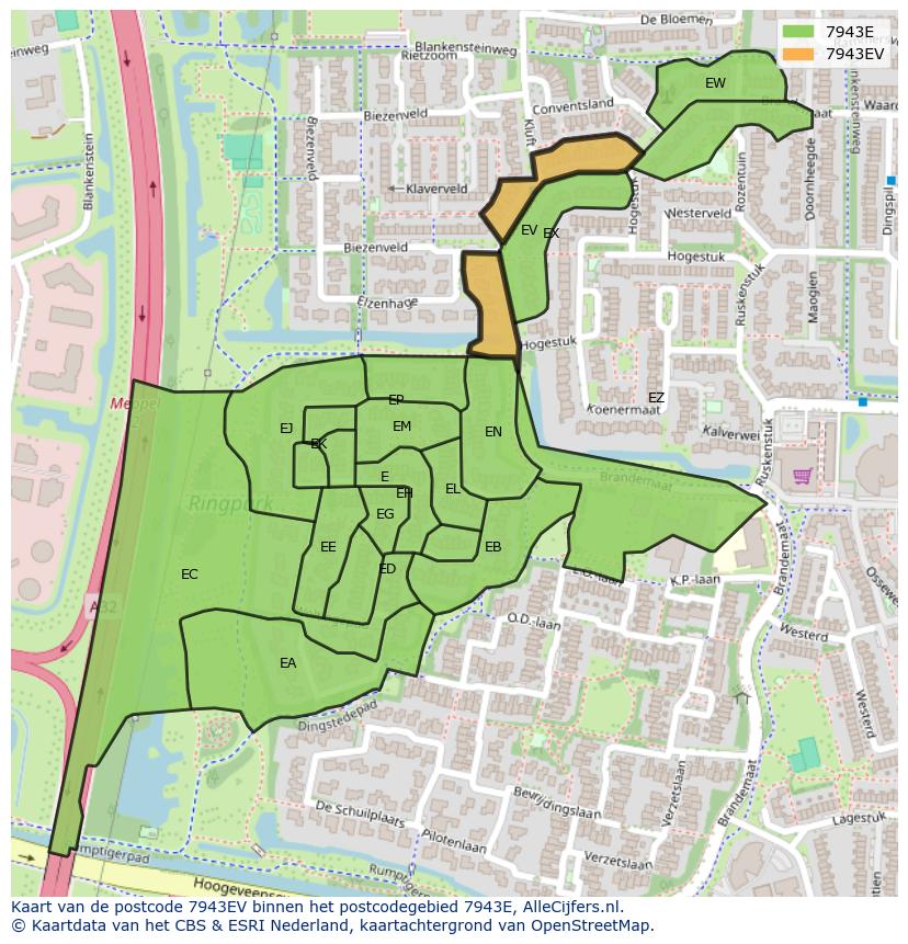 Afbeelding van het postcodegebied 7943 EV op de kaart.