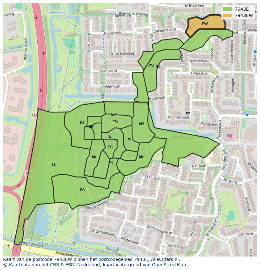 Afbeelding van het postcodegebied 7943 EW op de kaart.
