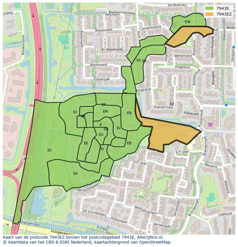 Afbeelding van het postcodegebied 7943 EZ op de kaart.