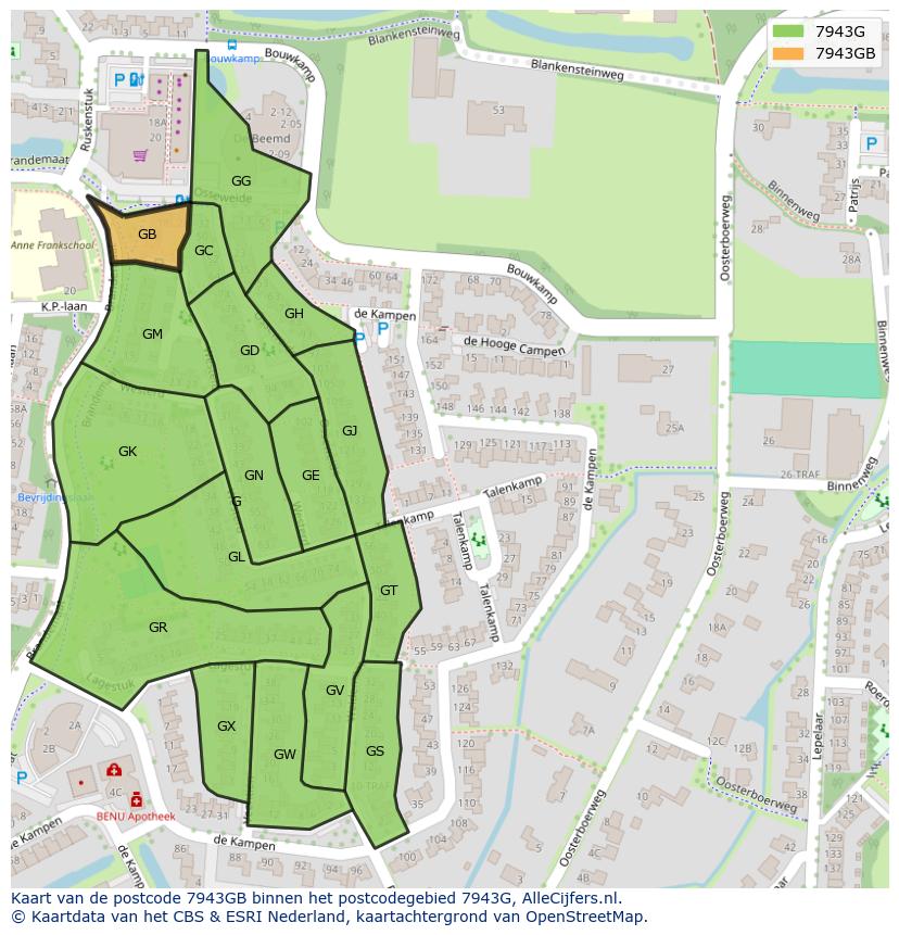 Afbeelding van het postcodegebied 7943 GB op de kaart.