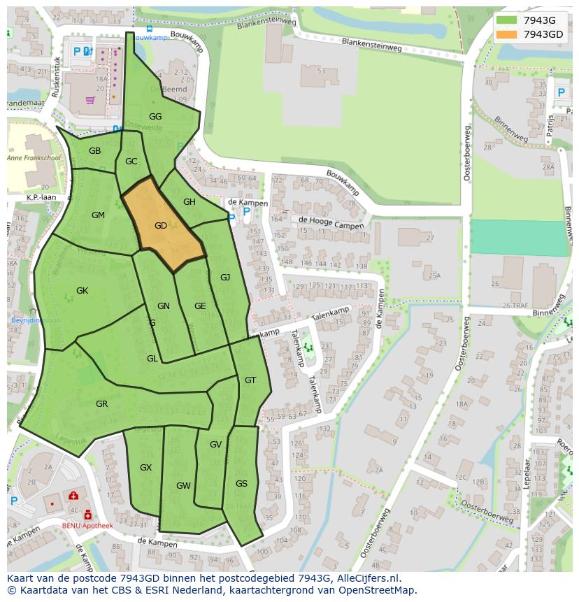 Afbeelding van het postcodegebied 7943 GD op de kaart.