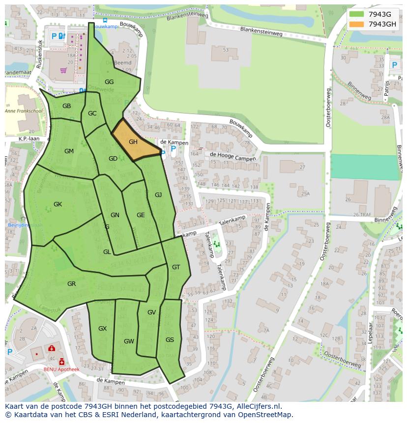 Afbeelding van het postcodegebied 7943 GH op de kaart.