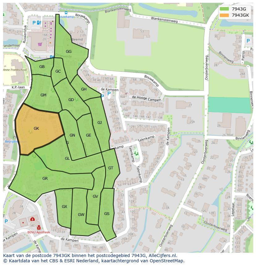 Afbeelding van het postcodegebied 7943 GK op de kaart.