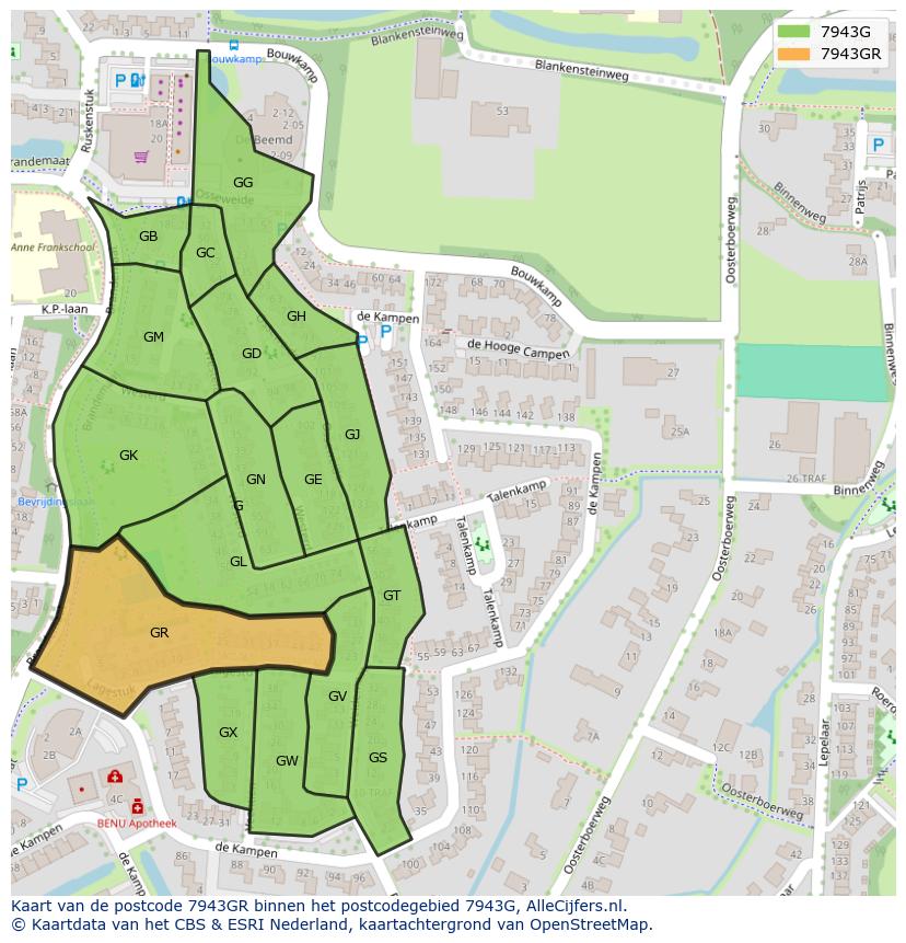Afbeelding van het postcodegebied 7943 GR op de kaart.