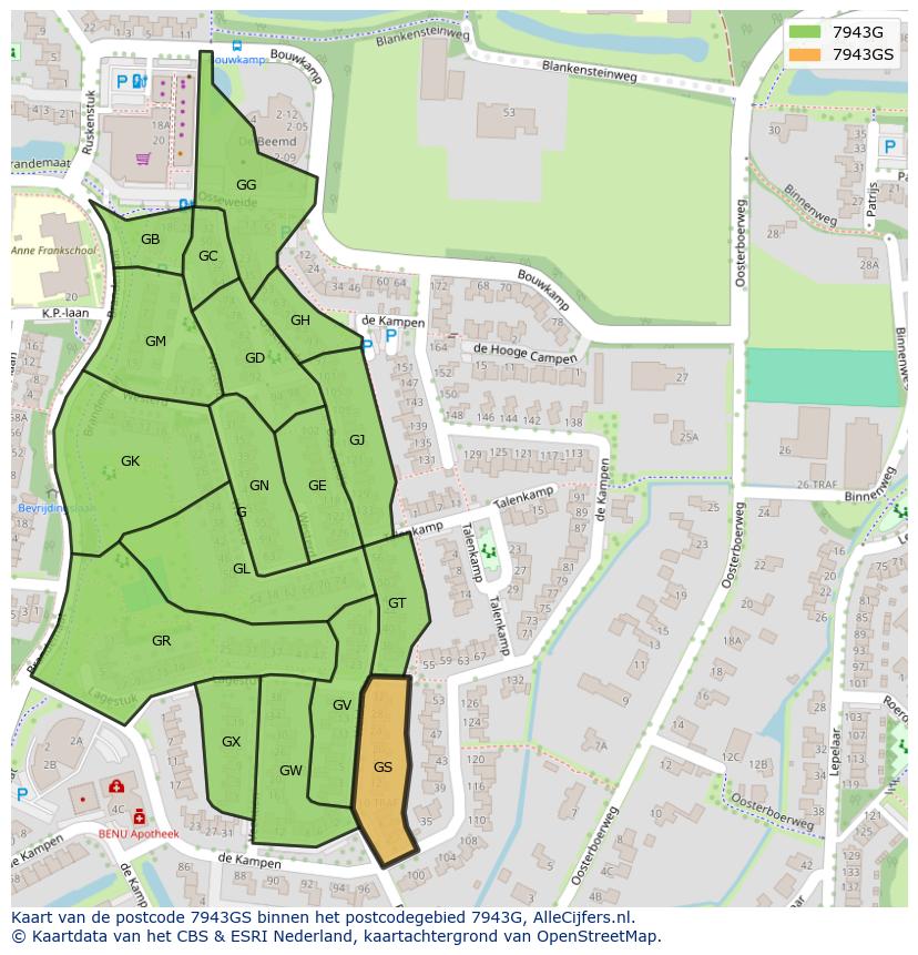 Afbeelding van het postcodegebied 7943 GS op de kaart.