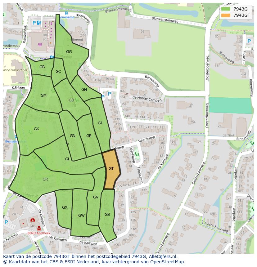 Afbeelding van het postcodegebied 7943 GT op de kaart.