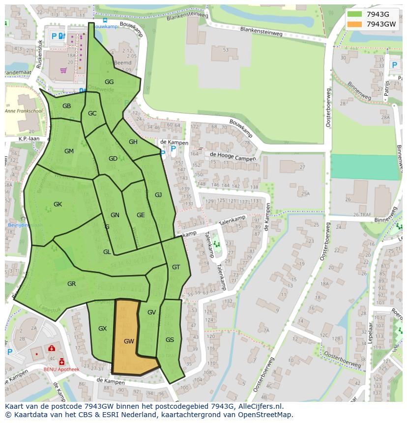 Afbeelding van het postcodegebied 7943 GW op de kaart.