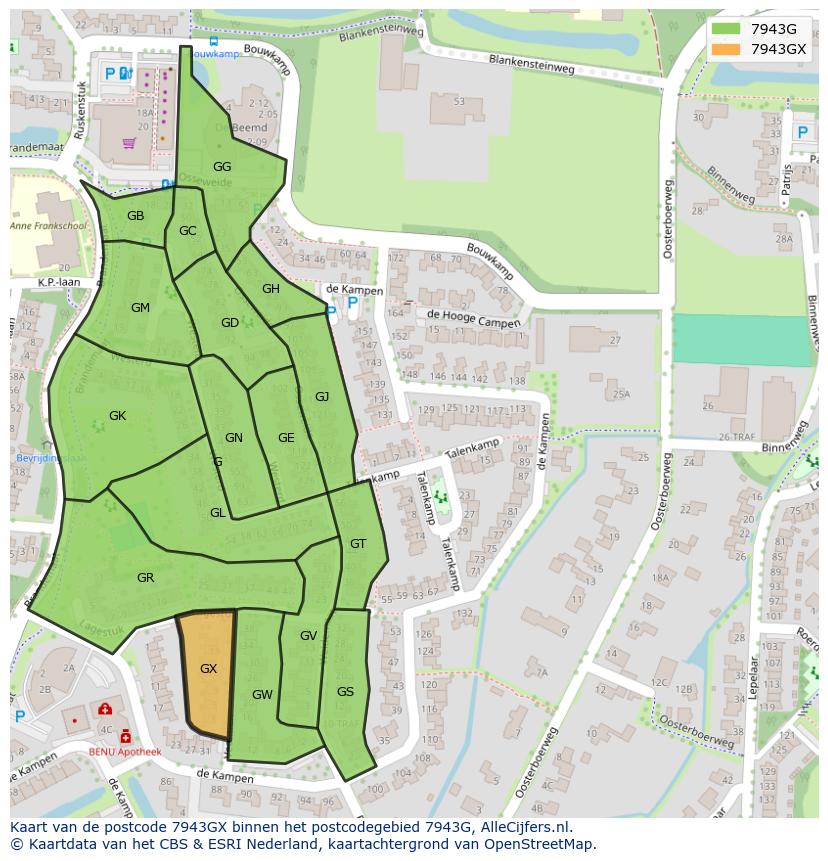 Afbeelding van het postcodegebied 7943 GX op de kaart.