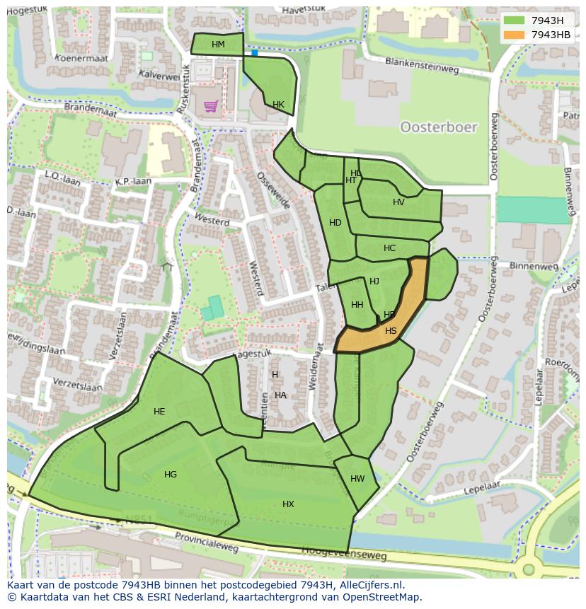 Afbeelding van het postcodegebied 7943 HB op de kaart.