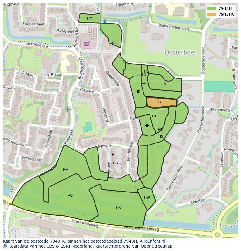 Afbeelding van het postcodegebied 7943 HC op de kaart.