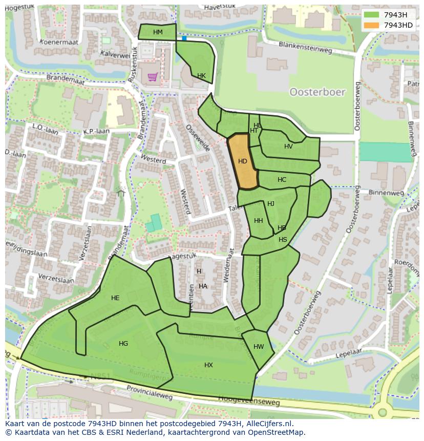 Afbeelding van het postcodegebied 7943 HD op de kaart.