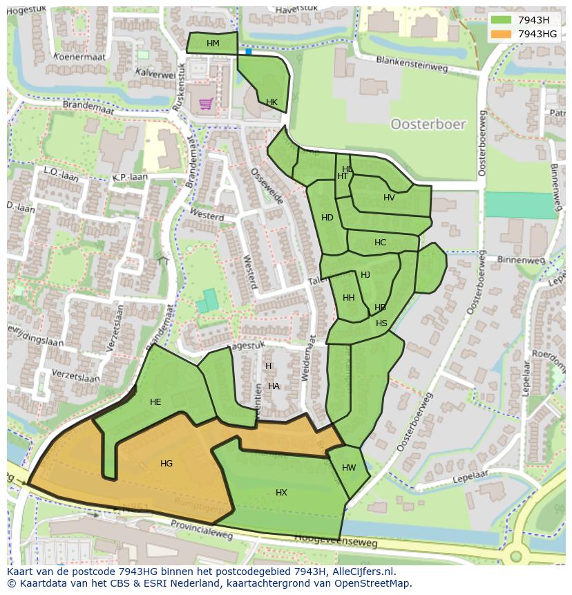 Afbeelding van het postcodegebied 7943 HG op de kaart.