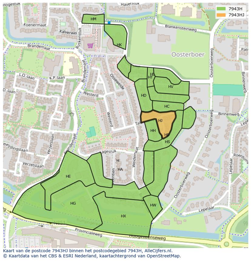 Afbeelding van het postcodegebied 7943 HJ op de kaart.