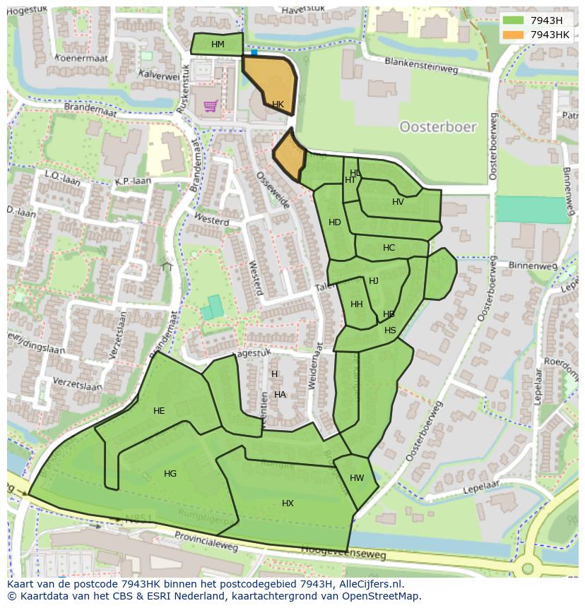 Afbeelding van het postcodegebied 7943 HK op de kaart.