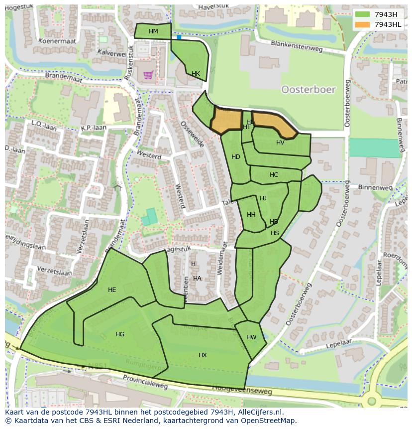 Afbeelding van het postcodegebied 7943 HL op de kaart.