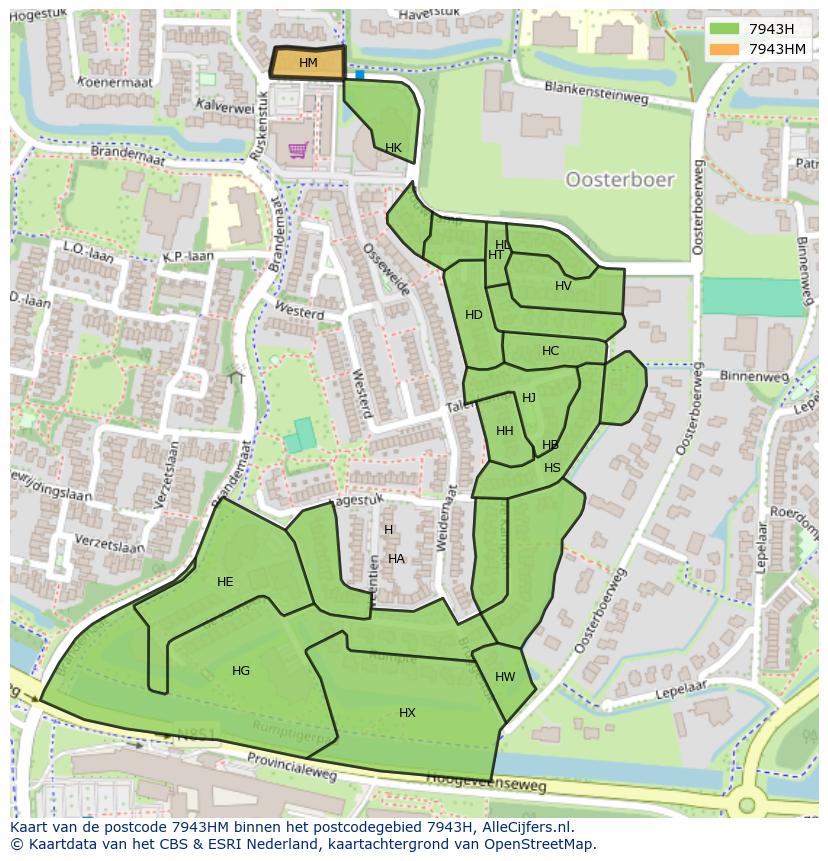 Afbeelding van het postcodegebied 7943 HM op de kaart.