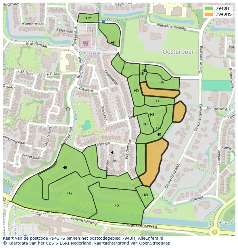Afbeelding van het postcodegebied 7943 HS op de kaart.