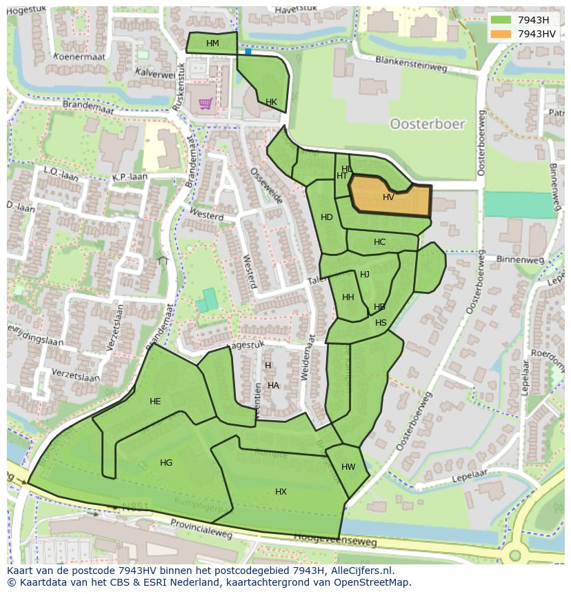 Afbeelding van het postcodegebied 7943 HV op de kaart.