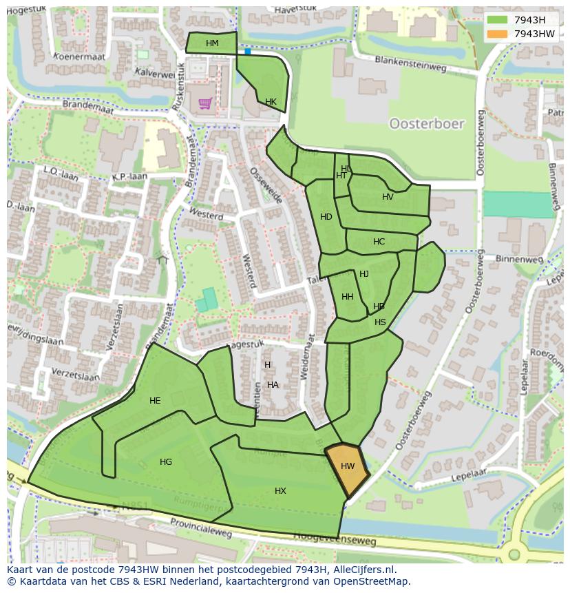 Afbeelding van het postcodegebied 7943 HW op de kaart.