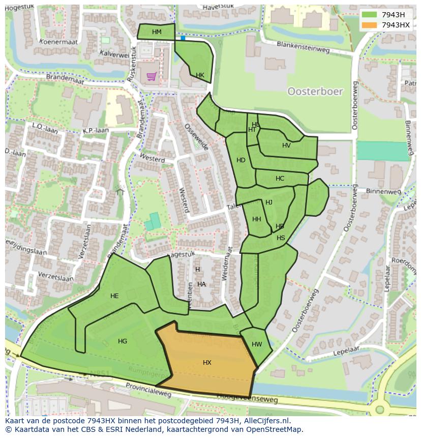 Afbeelding van het postcodegebied 7943 HX op de kaart.