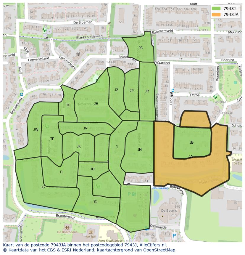 Afbeelding van het postcodegebied 7943 JA op de kaart.
